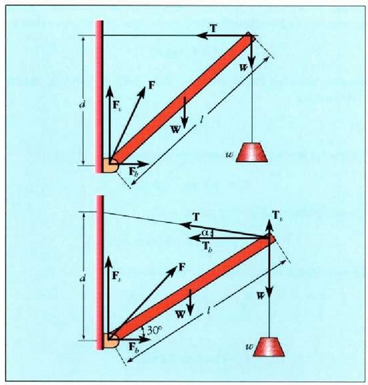14.7 (a) 3a irudia. 3-4-5 triangelu bat eratzen duen kable horizontal batek habe giltzatu bati eusten dio. (b). 3b adibidea. Pisu bat eransten zaio, eta habeak eta horizontalak 30 ko angelua eratzeko moduan luzatzen da alanbrea. 